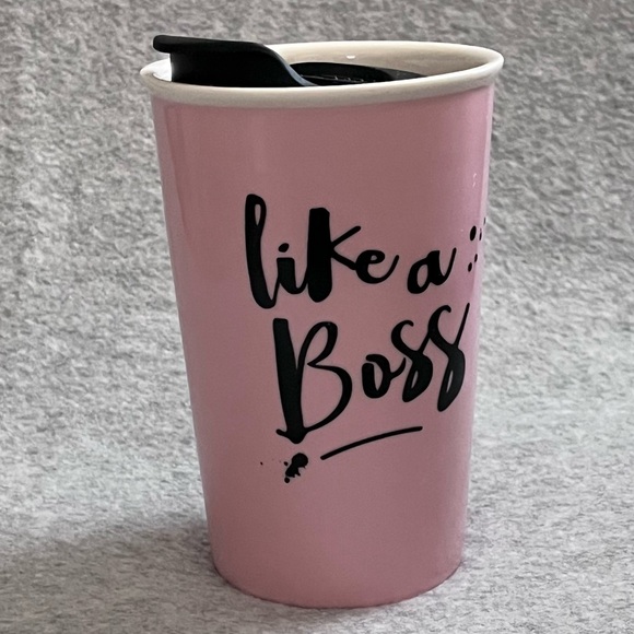 Clay Art Travel Tumbler Mug Like A Boss Pink White 9 Oz Latte Ceramic with Lid - Picture 3 of 13